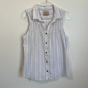 Old Ranch White Embroidered Smocked Sleeveless Button Front Blouse 100% Cotton